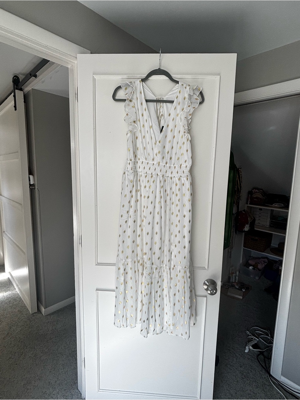 Lulu's White Maxi Dress with Gold Polka Dots
